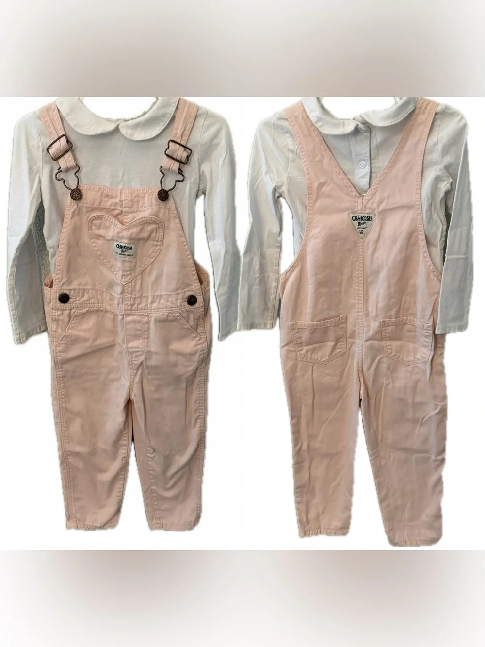 OshKosh B'gosh Girls 3T Light Pink Heart-Pocket Overalls with White Undershirt